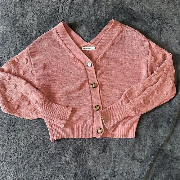 Pink or Yellow Cropped Dot Sleeve Button Up Cardigan Sweater Women's Small - Picture 6 of 11